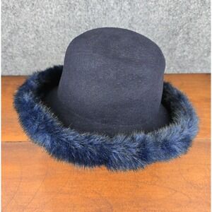 Dennis Basso Navy‎ Faux Fur Brim Hat 21" Vintage Style Soft Wool Felt